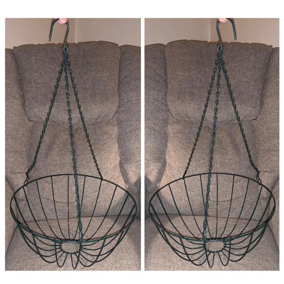 Green Wire Metal Round Hanging Baskets Planters Porch Flowers Rustic (Set of 2) - Picture 1 of 1